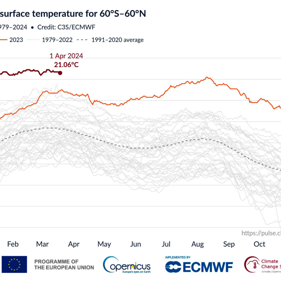 Sidan mars i fjor har kvar månad vore rekordvarm i havet. Grafane syner snittemperatur i overflata mellom 60 gradar nord og 60 gradar sør. Den stipla lina er snittet for åra 1991–2022. Sidan mars i fjor har kvar månad vore rekordvarm i havet. Grafane syner snittemperatur i overflata mellom 60 gradar nord og 60 gradar sør. Den stipla lina er snittet for åra 1991–2022.