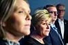 Frp-nestleiar Sylvi Listhaug (t.v.), Frp-leiar Siv Jensen, nestleiar Terje Søviknes og parlamentarisk leiar Hans Andreas Limi fortalde måndag at Frp går ut av regjeringa.