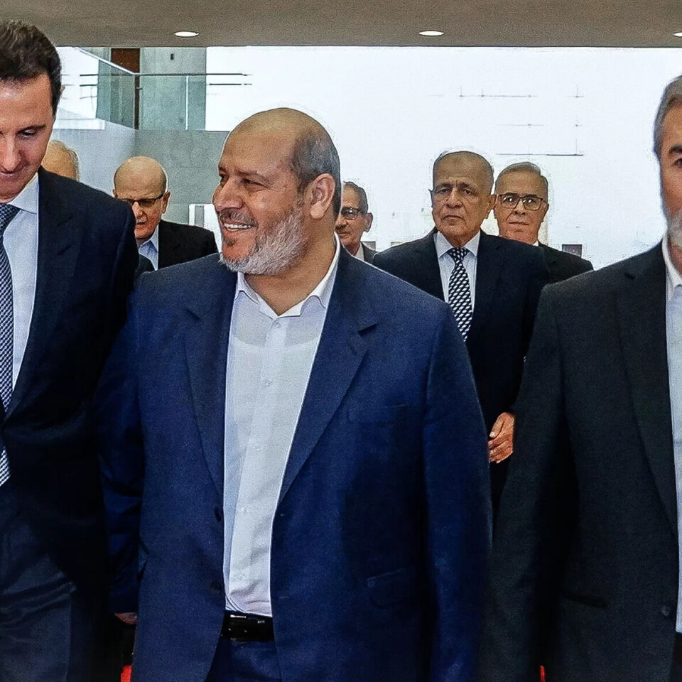 19. oktober 2022. Hamas-toppen Khalil al-Hayeh (i midten) og Palestinsk islamistisk jihads Ziad Nakhaleh (t.h.) møter Syrias president Bashar Assad (t.v.) i Damaskus i Syria. 19. oktober 2022. Hamas-toppen Khalil al-Hayeh (i midten) og Palestinsk islamistisk jihads Ziad Nakhaleh (t.h.) møter Syrias president Bashar Assad (t.v.) i Damaskus i Syria.