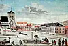 1700-talets Trondheim, med domen til venstre og katedralskulen til høgre. Prospekt av Joh. F.L. Dreier frå 1800 (utsnitt).