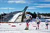 Martin Løwstrøm Nyenget i tet framfor Didrik Tønseth og Sjur Røthe før siste runde på 50 km klassisk fellesstart for menn i Holmenkollen førre søndag.