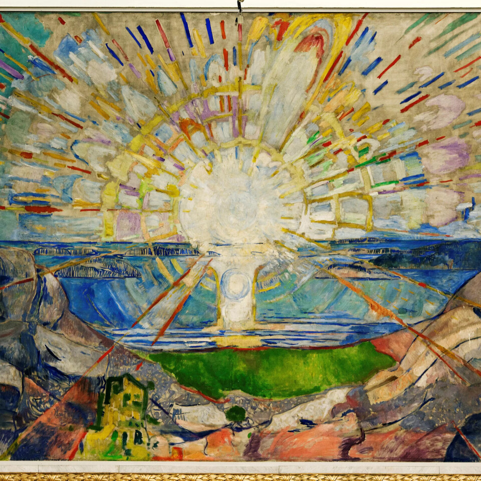 Edvard Munchs (1868–1944) måleri «Solen» frå 1911 i Universitetets aula i Oslo. Edvard Munchs (1868–1944) måleri «Solen» frå 1911 i Universitetets aula i Oslo.
