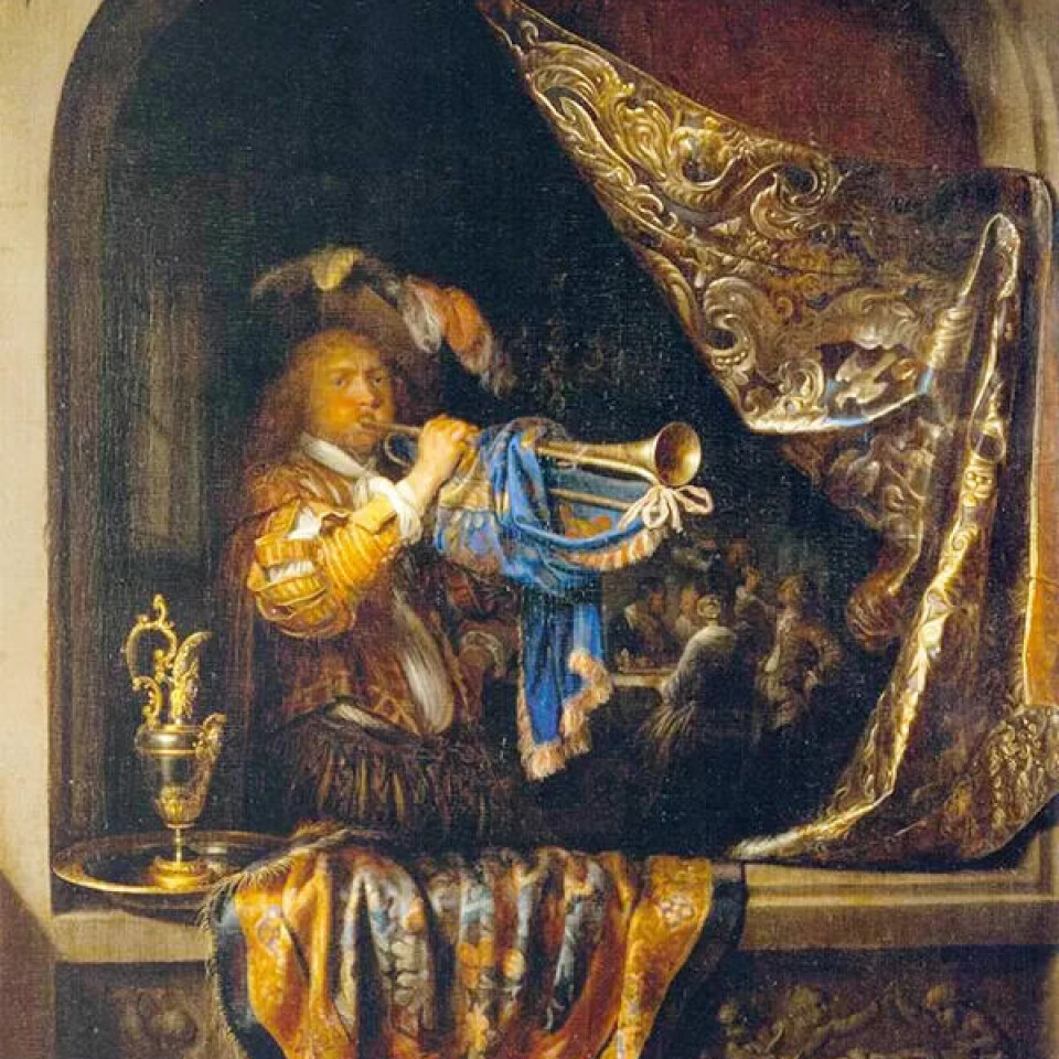 Målarstykket «Trompetisten» (ca. 1660) av nederlendaren Gerard Dou (1613–1675) syner ein ventillaus naturtrompet. Målarstykket «Trompetisten» (ca. 1660) av nederlendaren Gerard Dou (1613–1675) syner ein ventillaus naturtrompet.