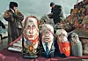 Matrjosjka-dokker til sals på gata i Moskva med russiske og sovjetiske leiarar, frå venstre Vladimir Putin, Boris Jeltsin, Mikhail Gorbatsjov og Leonid Bresjnev.