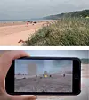 Omaha Beach i Normandie i Frankrike og det same strandområdet sett gjennom ein AR-app som viser den allierte landgangen i 1944.
