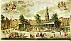 Korenbeurs (kornbørsen) i Amsterdam med Oude Kerks kyrkjetårn i bakgrunnen. Kolorert koparstikk frå midten av 1700-talet.