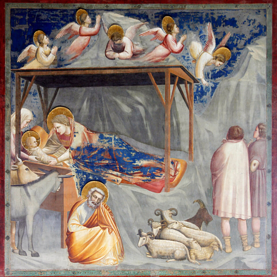 «Jesu fødsel». Freskomåleri av Giotto di Bondone (kring 1270–1337) i Scrovegni- kapellet i Padova. «Jesu fødsel». Freskomåleri av Giotto di Bondone (kring 1270–1337) i Scrovegni- kapellet i Padova.