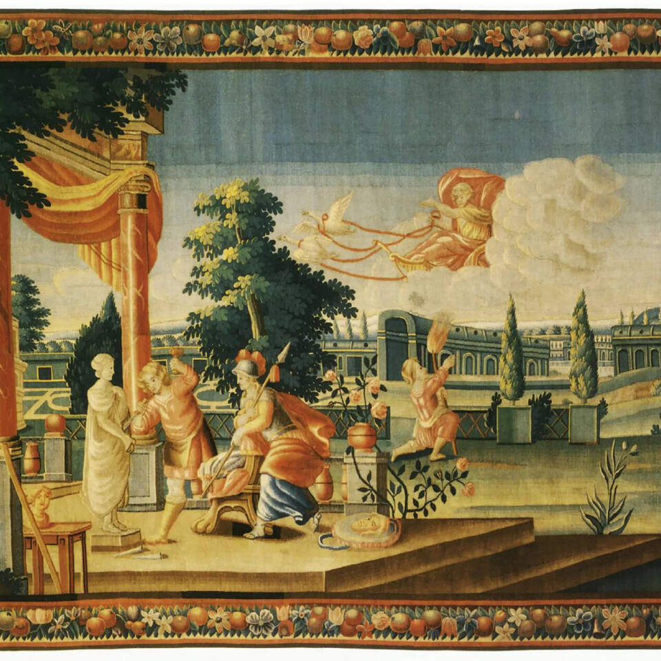Pygmalion meislar ut kvinnestatuen han blir hugteken av. Utsnitt frå ein fransk gobeleng frå kring 1680. Pygmalion meislar ut kvinnestatuen han blir hugteken av. Utsnitt frå ein fransk gobeleng frå kring 1680.