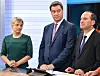 Leiaren for partiet Dei grøne, Katharina Schulze, statsministeren i Bayern, Markus Söder, og leiaren for Frie veljarar i Bayern, Hubert Aiwanger, på ein pressekonferanse etter valet i delstaten.