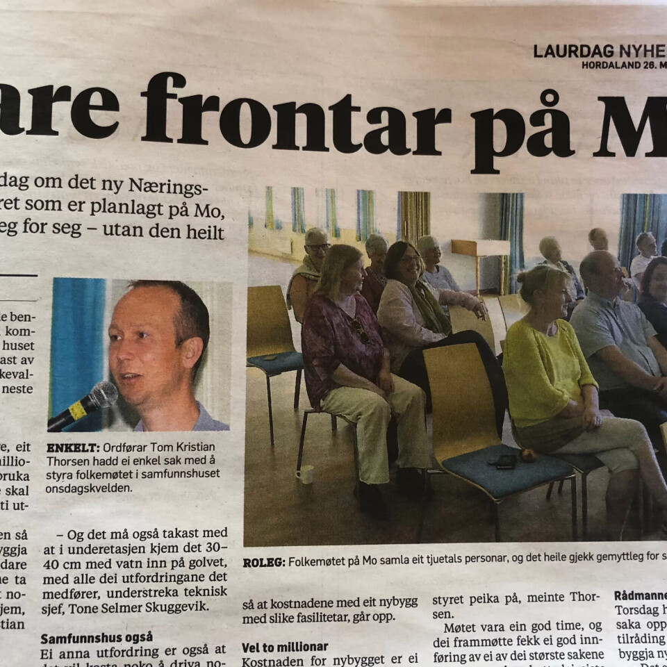 Knallhard debatt?Avisa Hordaland bringar ein reportasje frå eit folkemøte om omstridde tema i Modalen med tittelen «Klare frontar på Mo». Nokre av oss venta ein knakande reportasje om tøffe tonar og munnhoggeri, men det kan synast som om dei heldt dei ster