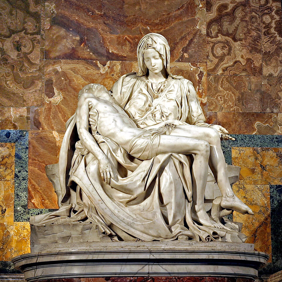 Maria møy i sorg over sonetapet: Michelangelos (1475–1564) marmorskulptur «Pietà»i Peterskyrkja i Roma. Maria møy i sorg over sonetapet: Michelangelos (1475–1564) marmorskulptur «Pietà»i Peterskyrkja i Roma.