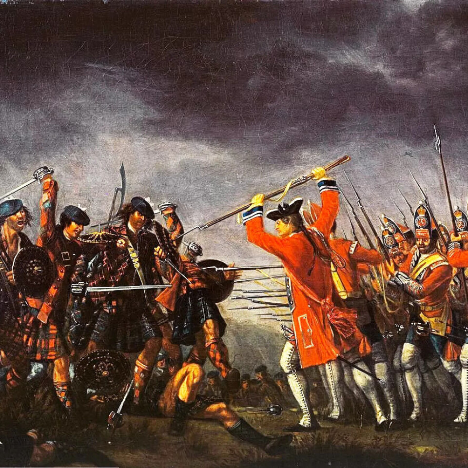 Skottar og engelskmenn gyv laus på kvarandre under slaget ved Culloden. Målarstykke av David Morier frå 1746. Skottar og engelskmenn gyv laus på kvarandre under slaget ved Culloden. Målarstykke av David Morier frå 1746.