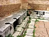 Eit offentleg toalett med fleire sitjeplassar, såkalla latrine, som vart spylt med vatn. Toaletta vart utgravne i Ostia Antica i Roma.