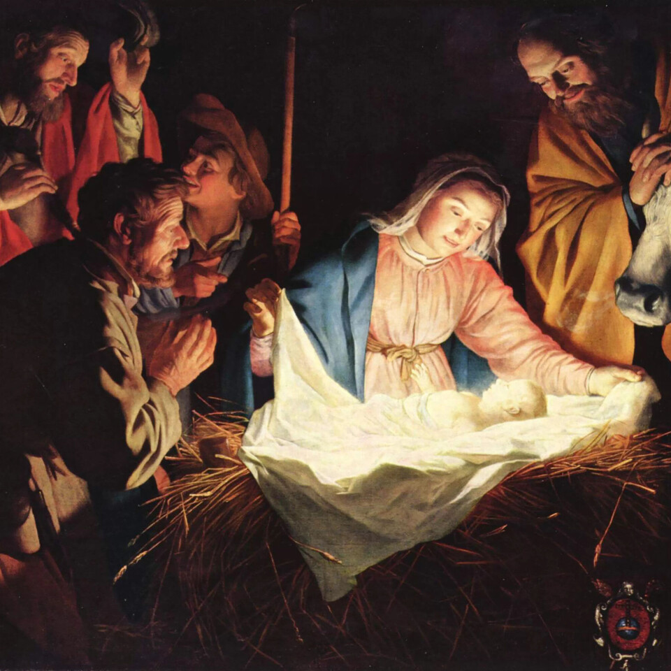 Hyrdingane tilber Jesusbarnet. Måleri av nederlendaren Gerard van Honthorst (1592–1656). Hyrdingane tilber Jesusbarnet. Måleri av nederlendaren Gerard van Honthorst (1592–1656).