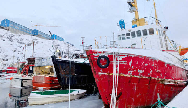 Fiskebåtane ligg tett ved kaia i Nuuk.